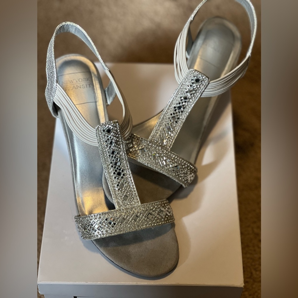 Crystal pull on metallic t-strap wedge sandals